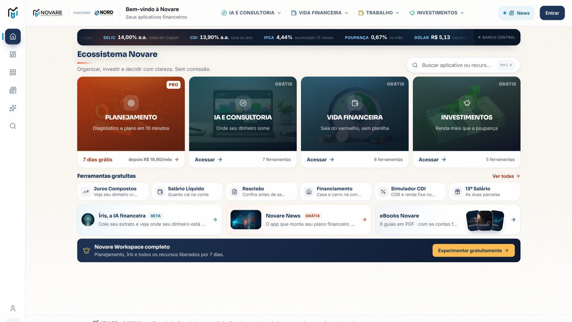 A home do Novare Workspace, com o ecossistema de ferramentas, IA e consultoria